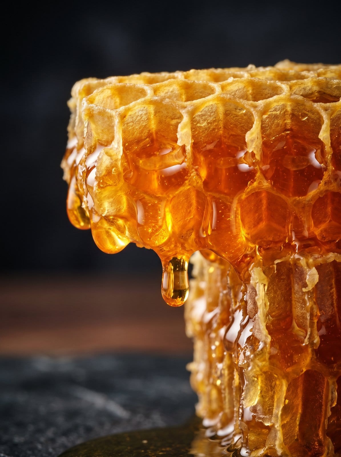 Golden honeycomb dripping raw honey